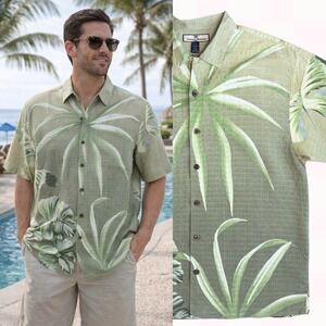 Tommy‎ Bahama Mens 100% Silk Tropical Palm Leaf Print Camp Shirt, Size Large